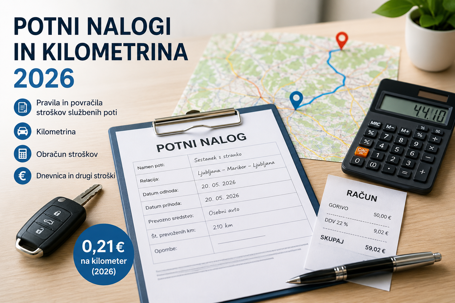 Potni nalogi in kilometrina 2026 – obračun službenih poti za podjetnike