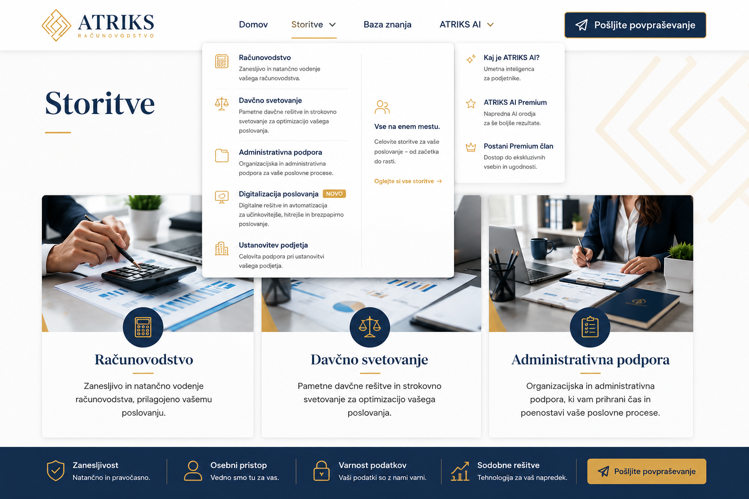 Sodobne računovodske storitve ATRIKS z digitalizacijo poslovanja, davčnim svetovanjem, administrativno podporo in AI rešitvami za podjetnike.