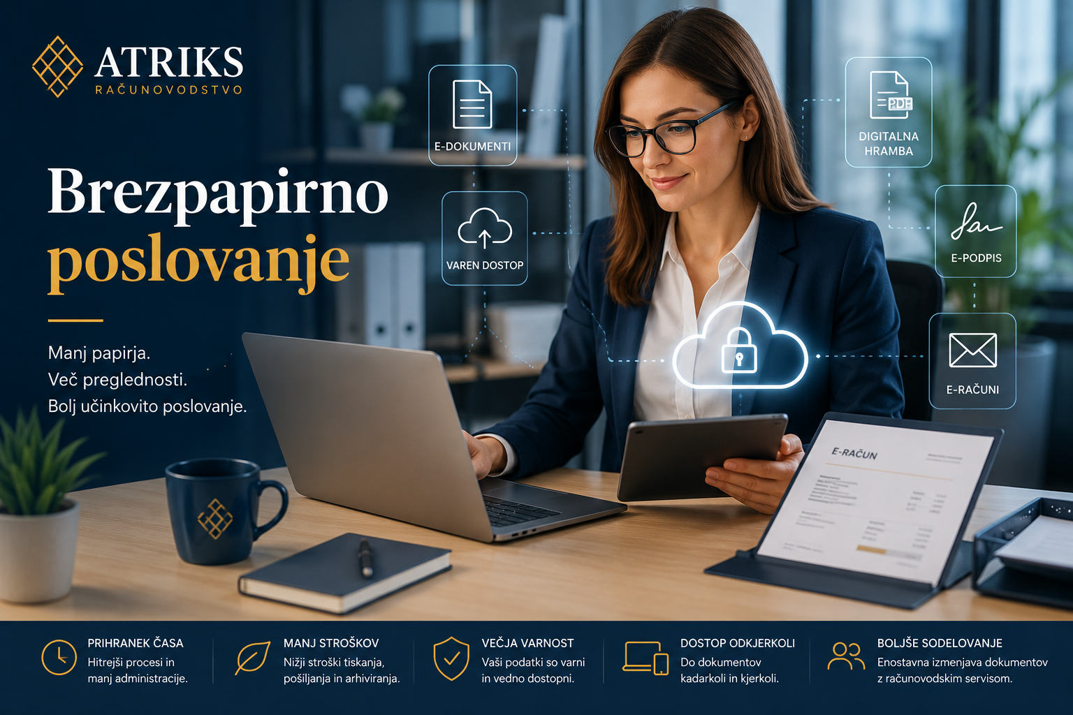 Brezpapirno poslovanje z digitalnimi dokumenti, e-računi in sodobnimi računovodskimi rešitvami za podjetja.