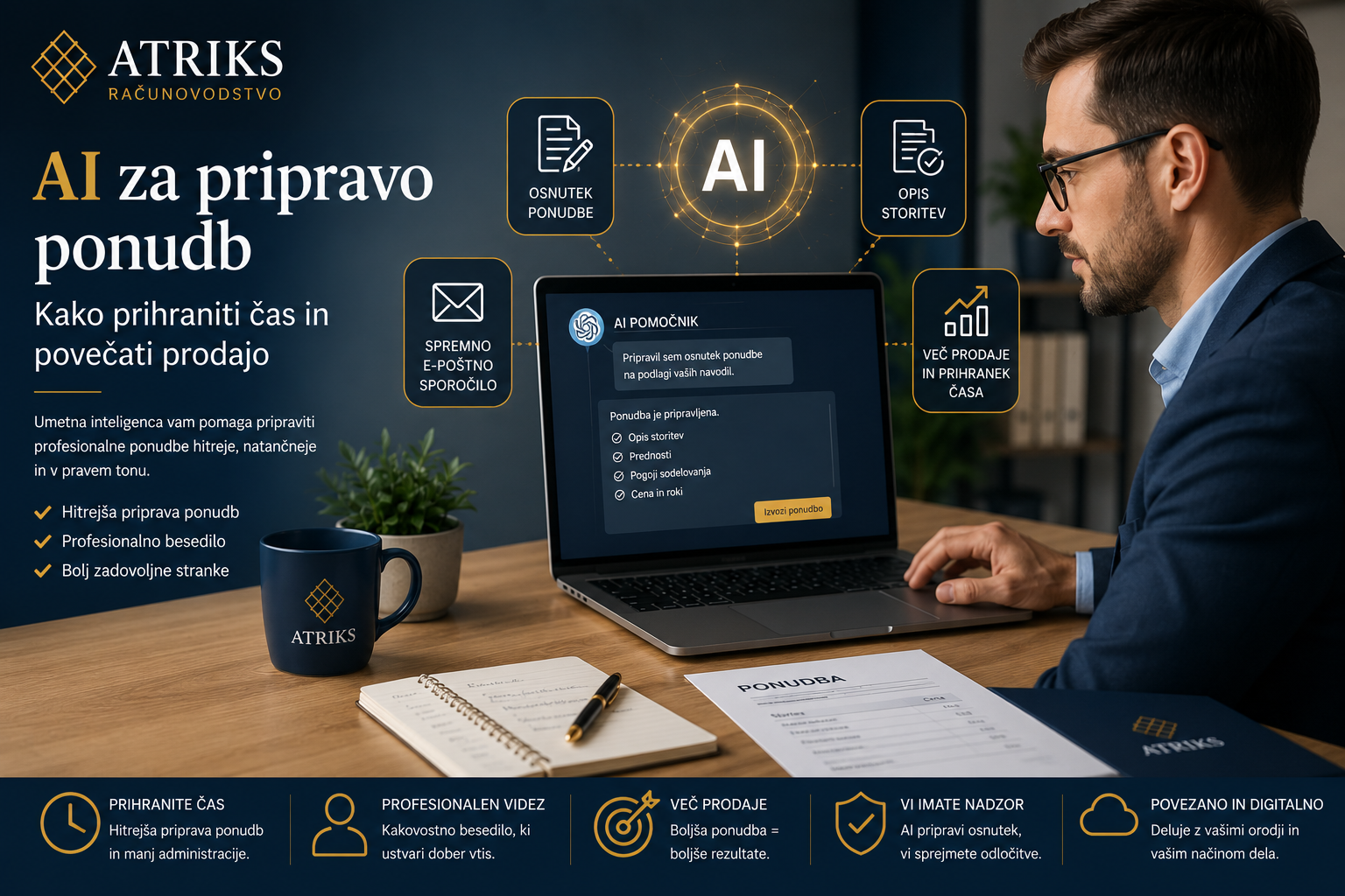 Podjetnik uporablja umetno inteligenco za pripravo profesionalne poslovne ponudbe in hitrejšo komunikacijo s strankami.