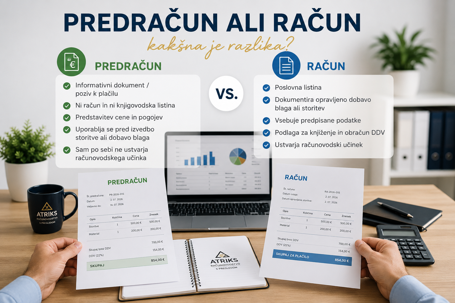 Primerjava predračuna in računa z razlago glavnih razlik med poslovnima dokumentoma.