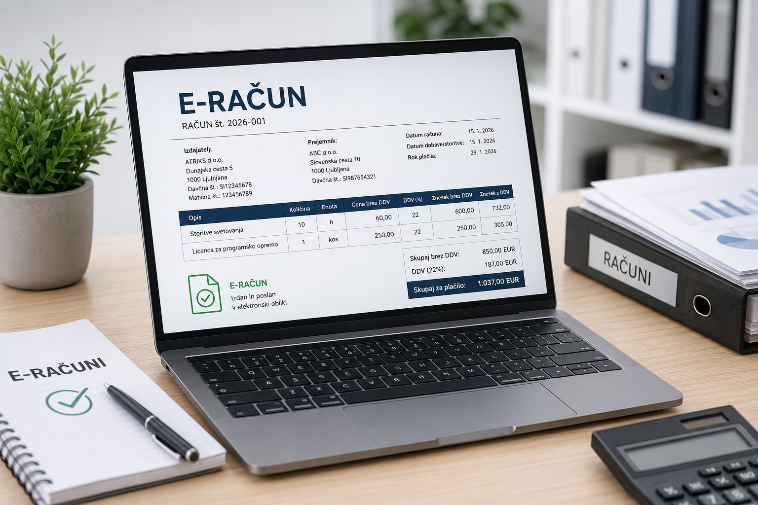 E-račun na prenosnem računalniku za elektronsko izdajanje in obdelavo računov v podjetju.