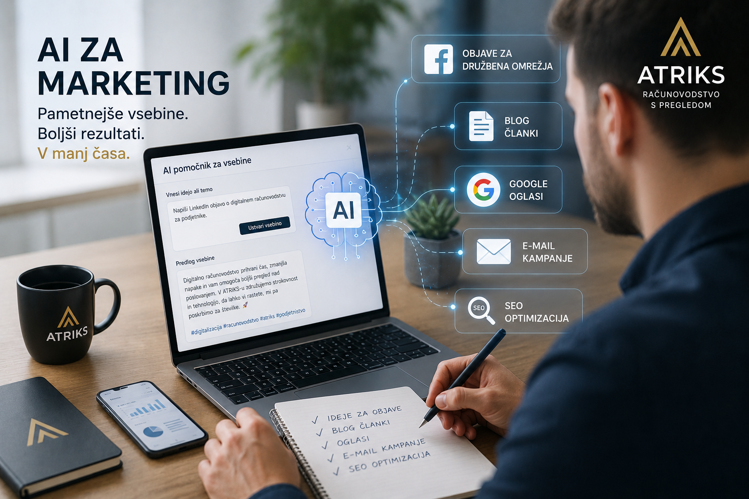 Podjetnik uporablja umetno inteligenco za pripravo marketinških vsebin, objav za družbena omrežja, blog člankov in oglasov.