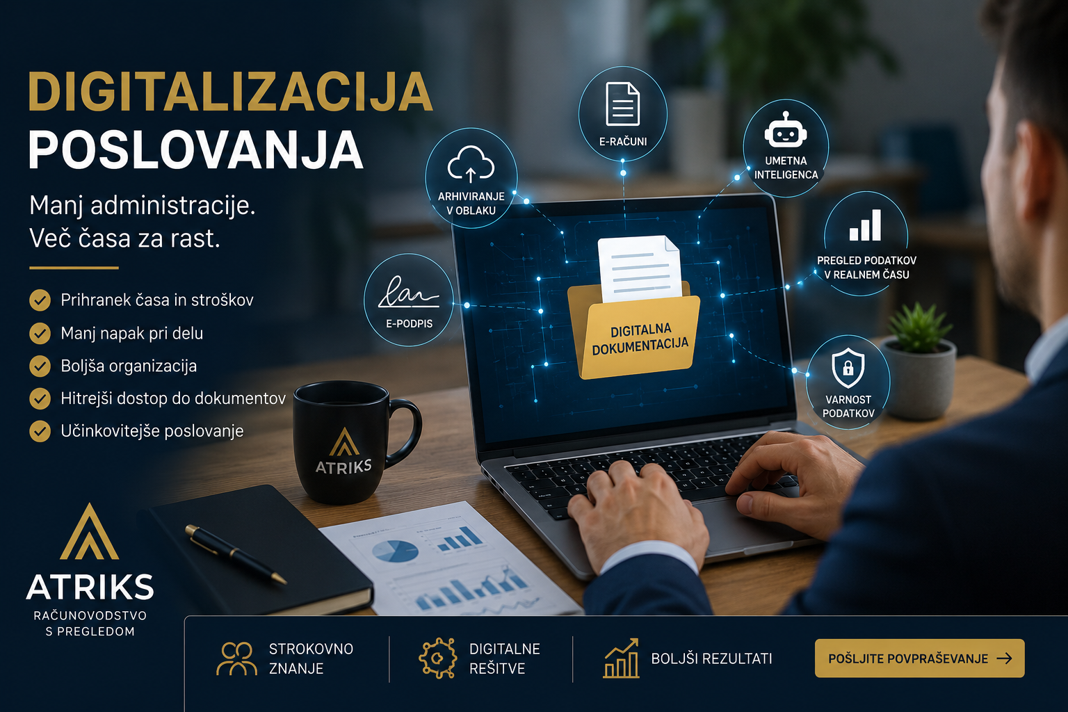 Podjetnik uporablja digitalna orodja, umetno inteligenco, e-račune in elektronsko dokumentacijo za učinkovitejše, varnejše in brezpapirno poslovanje podjetja.